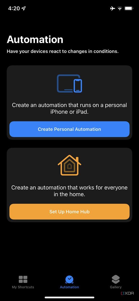 automation tab in shortcuts app