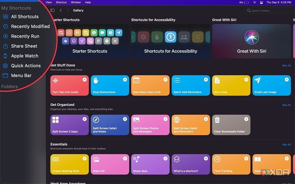 my shortcuts sidebar, including all shortcuts, recently run, share sheet, and others