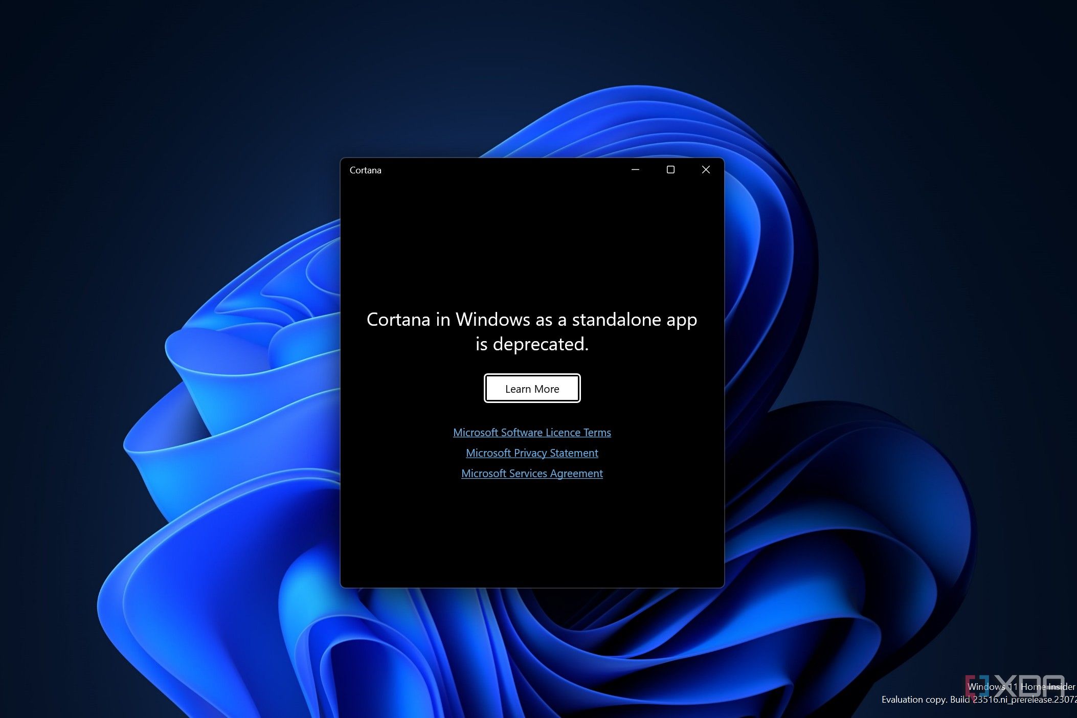 Снимок экрана: экран приветствия Cortana в Windows 11
