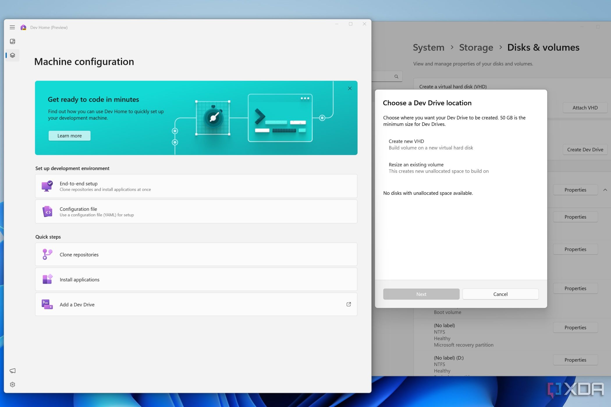 A screenshot of depicting the Dev Home interface and Dev Drive settings