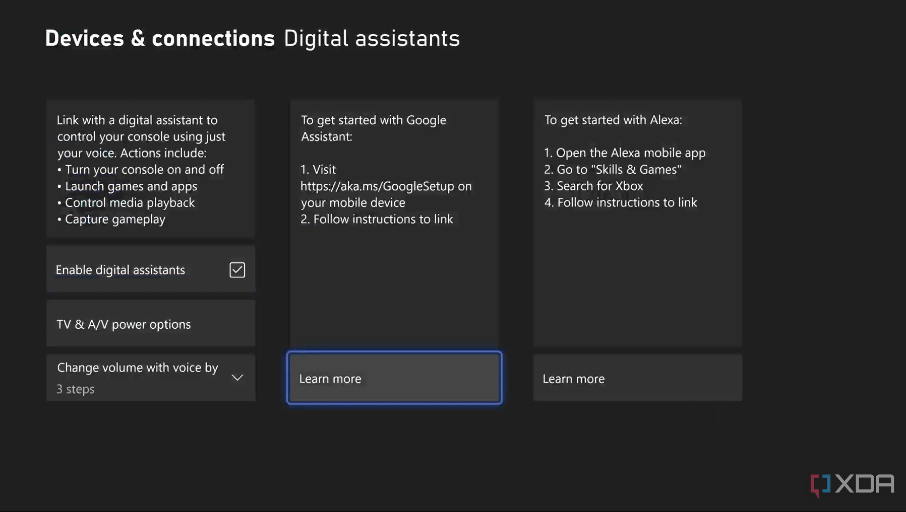 Digital Assitants menu on Xbox