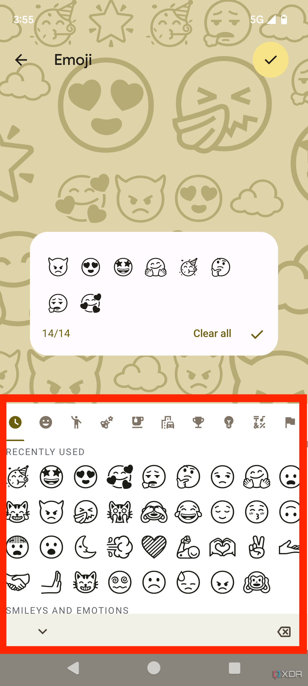 Скриншот, сделанный на Pixel 7, показывающий инструмент выбора эмодзи в Emoji Workshop.