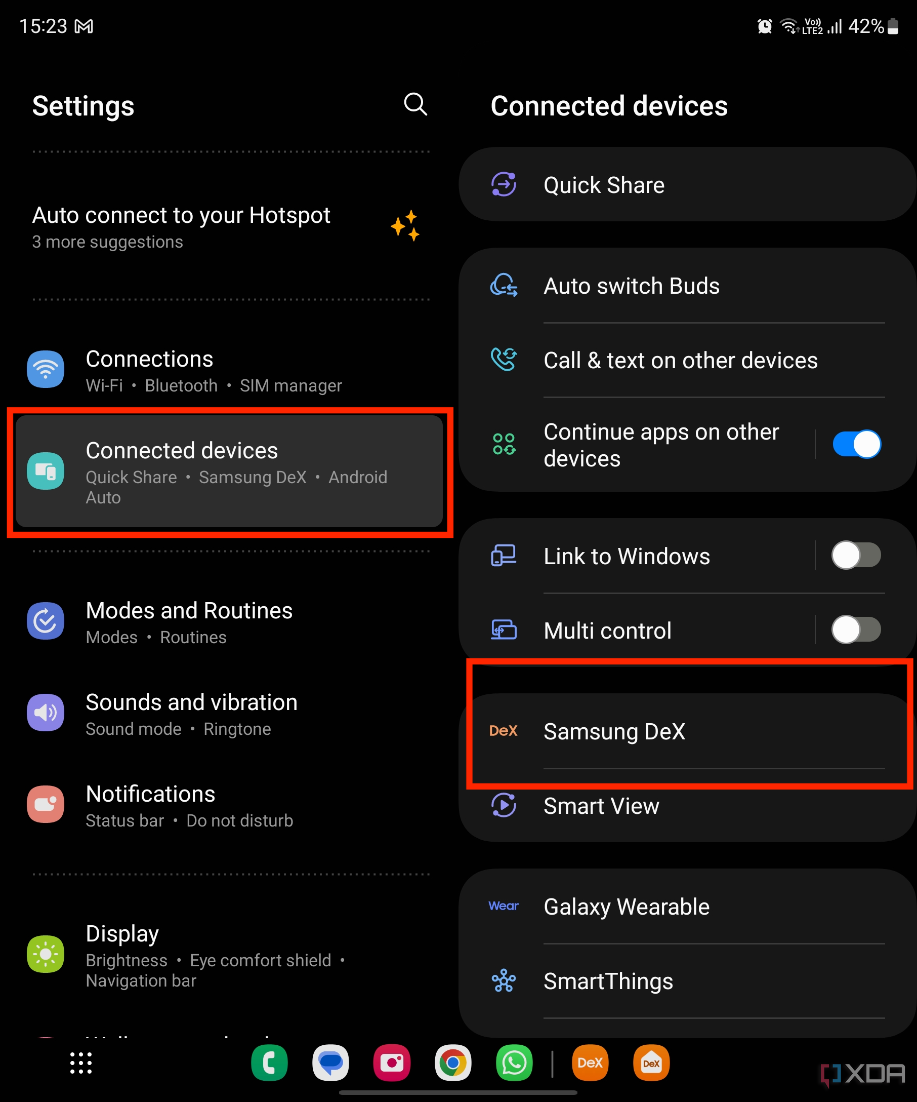 A screenshot showing the highlighted Connected devices and Samsung DeX options within the Settings page