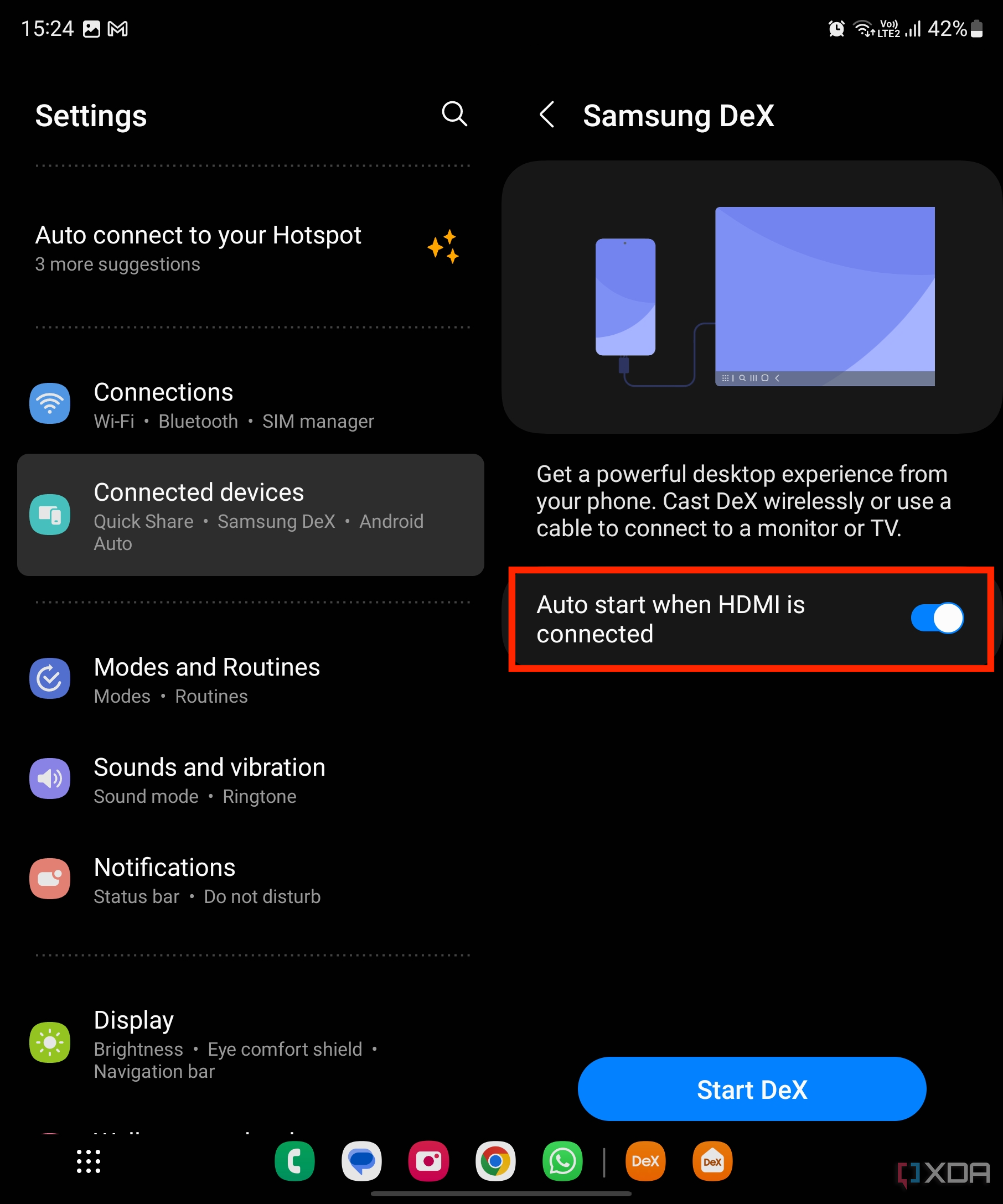A screenshot showing the highlighted toggle in Samsung DeX page