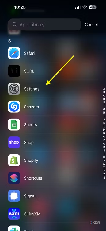 Screenshot of the iOS app library with an arrow pointing at the Settings option.