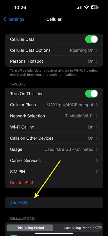 Screenshot of iOS Cellular settings with an arrow pointing at the Add eSIM option.