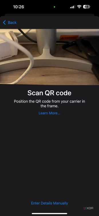 Screenshot of the QR Code scanner on iOS to add an eSIM.
