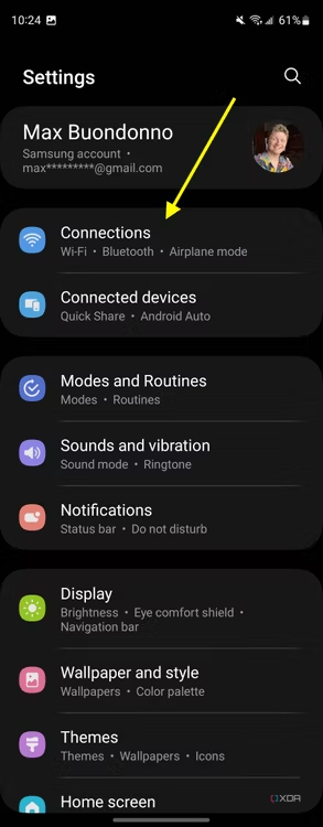 Screenshot of Settings app on the Galaxy Z Fold 4 with an arrow pointing at the Connections option.