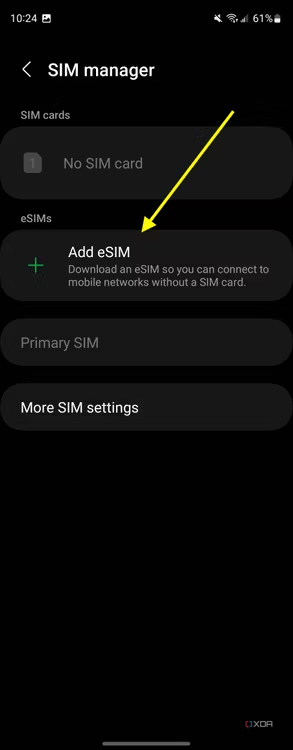 Screenshot of SIM manager settings on the Galaxy Z Fold 4 with an arrow pointing at the Add eSIM option.
