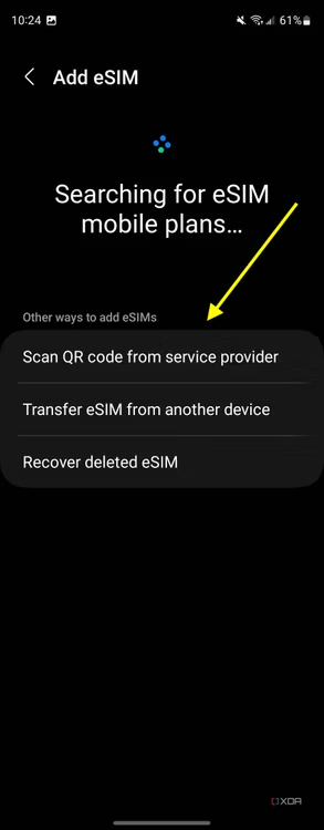 Screenshot of Searching for eSIM mobile plans screen on the Galaxy Z Fold 4 with an arrow pointing at the Scan QR code from service provider option.