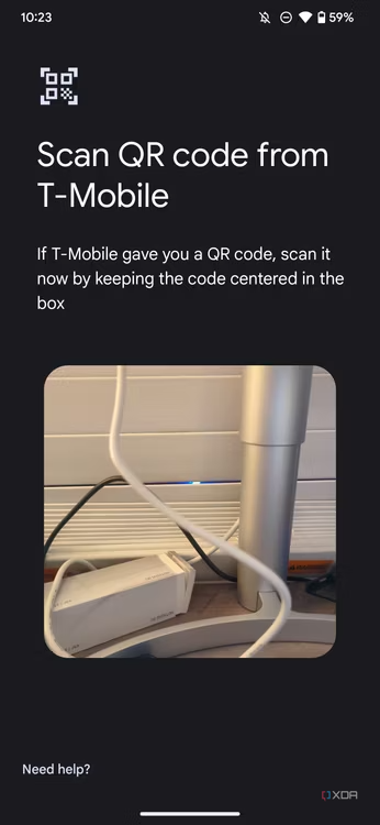 Screenshot of Scan QR code from T-Mobile page on the Pixel 7 Pro.