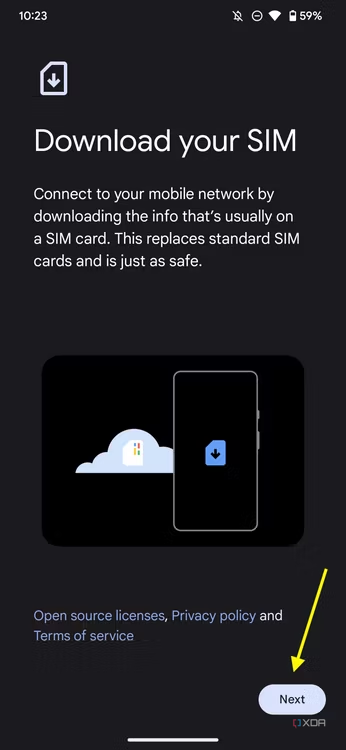 Screenshot of Download your SIM settings page on the Pixel 7 Pro with an arrow pointing at the Next button.