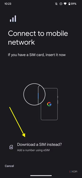 Screenshot of eSIM setup page on the Pixel 7 Pro with an arrow pointing at Download a SIM instead option.