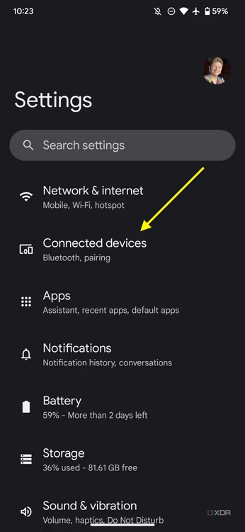 Screenshot of Settings app on the Google Pixel 7 Pro with an arrow pointing at the Network and internet option.
