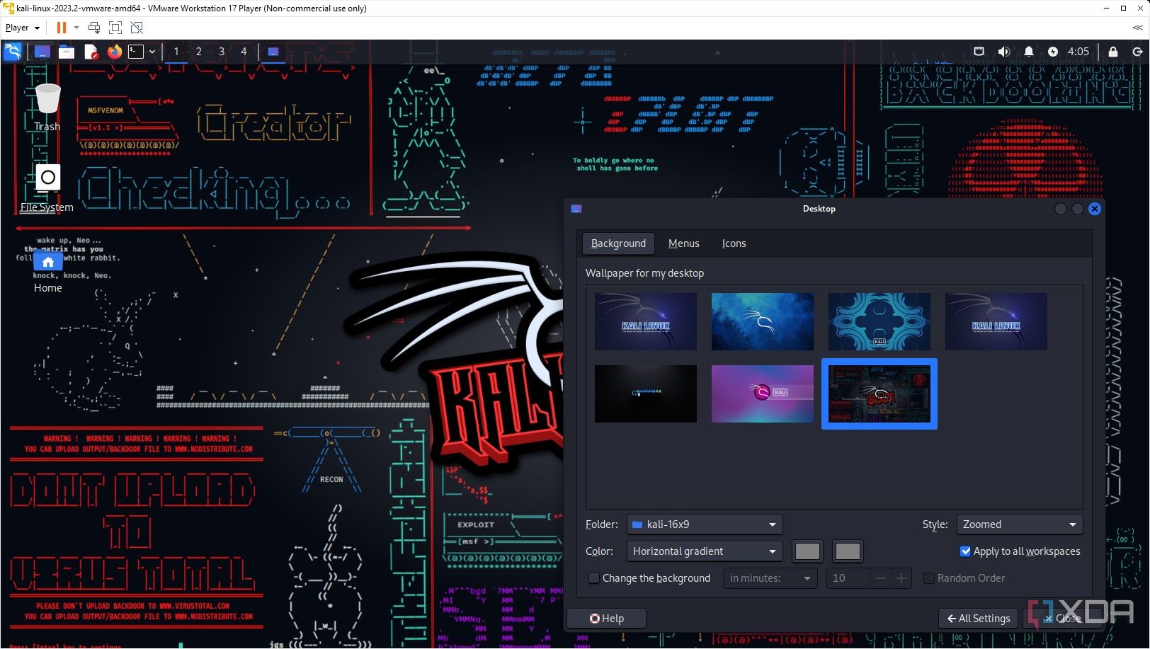 Instantánea del cambio del fondo de pantalla del escritorio en la imagen VMware de Kali Linux