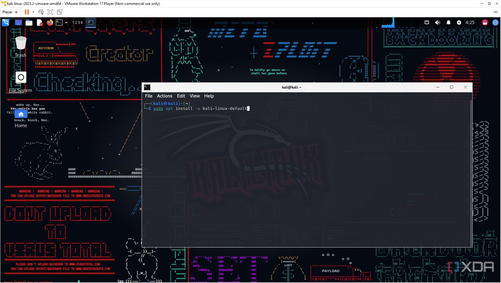 Captura de pantalla de la instalación de un metapaquete en Kali Linux en VMware