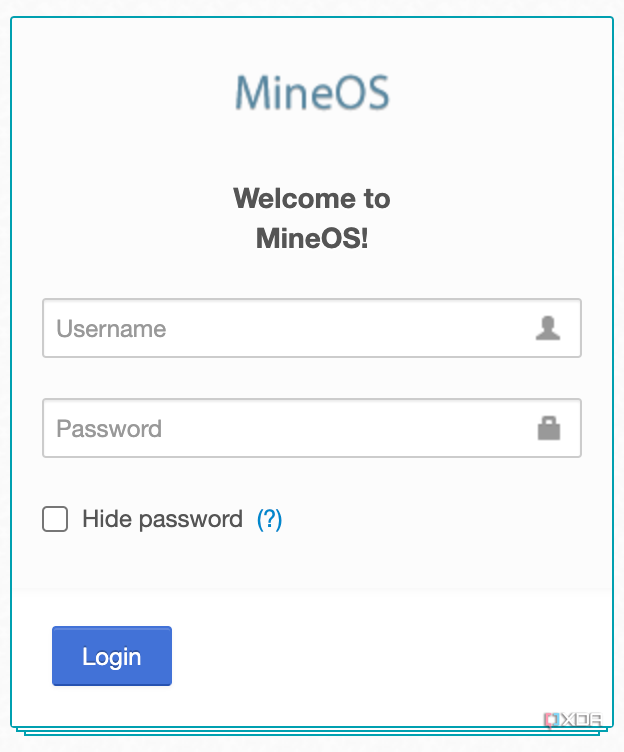 MineOS login page on the Web UI where it asks for a username and password