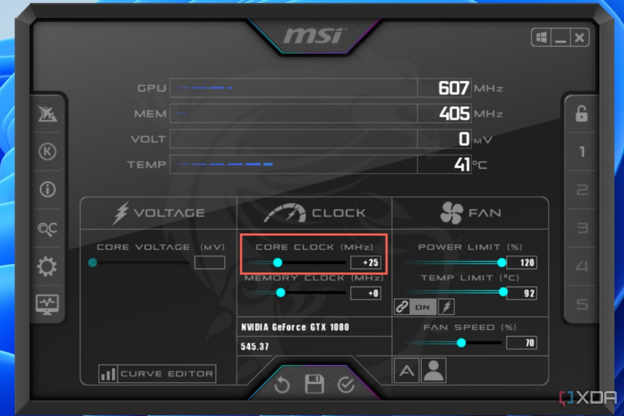 Use the Core Clock slider to increase the clock speed of your GPU's core by 25MHz