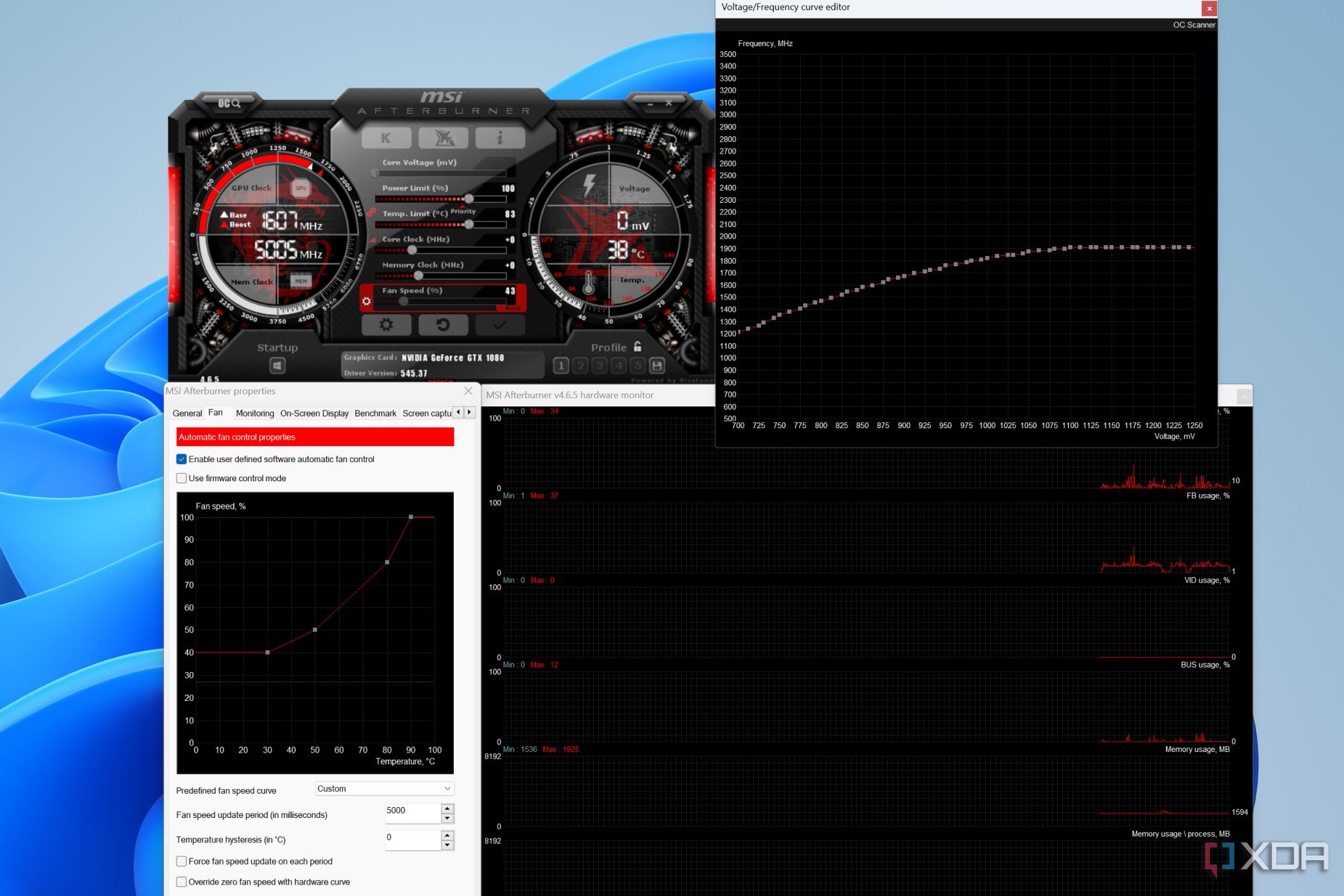 MSI Afterburner with its fan settings, hardware monitor, and curve editor windows