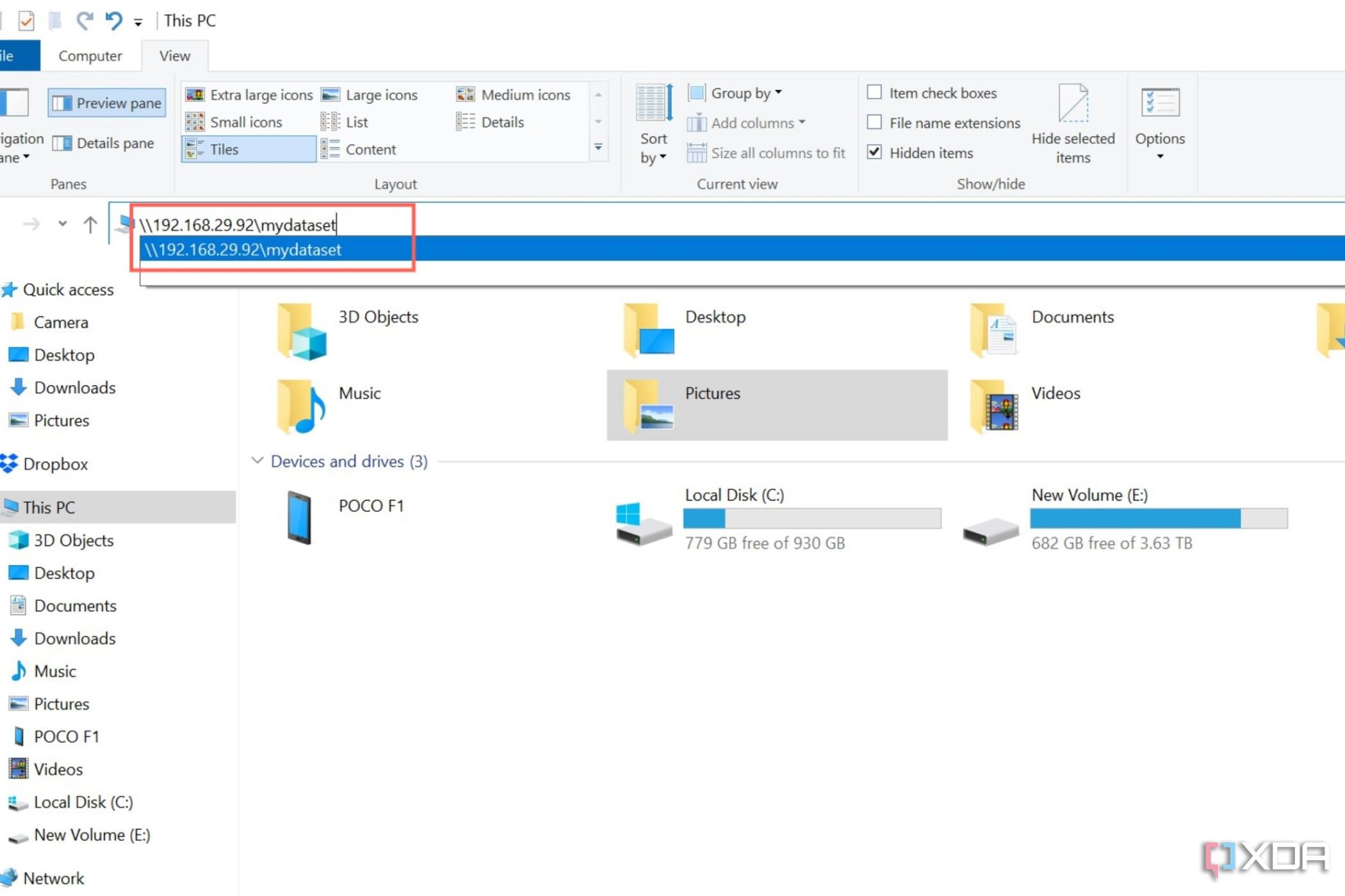Type in the IP address of your dataset in the Address Bar of File Explorer
