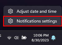 Screenshot of the context menu in the notification area in Windows 11 showing the option to go to notification settings