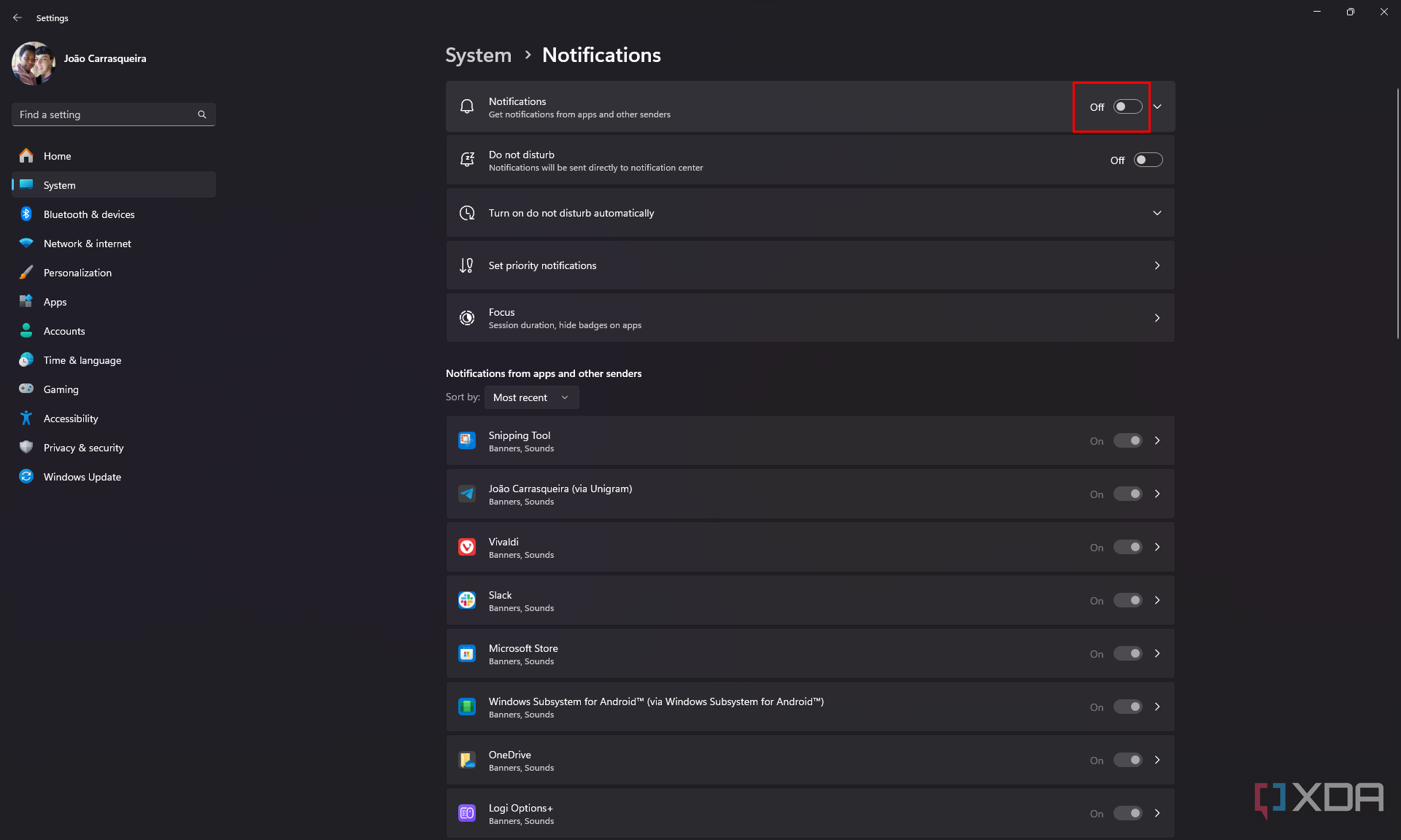 Screensot of the Notifications settings page in Windows 11 with the notifications toggle turned off
