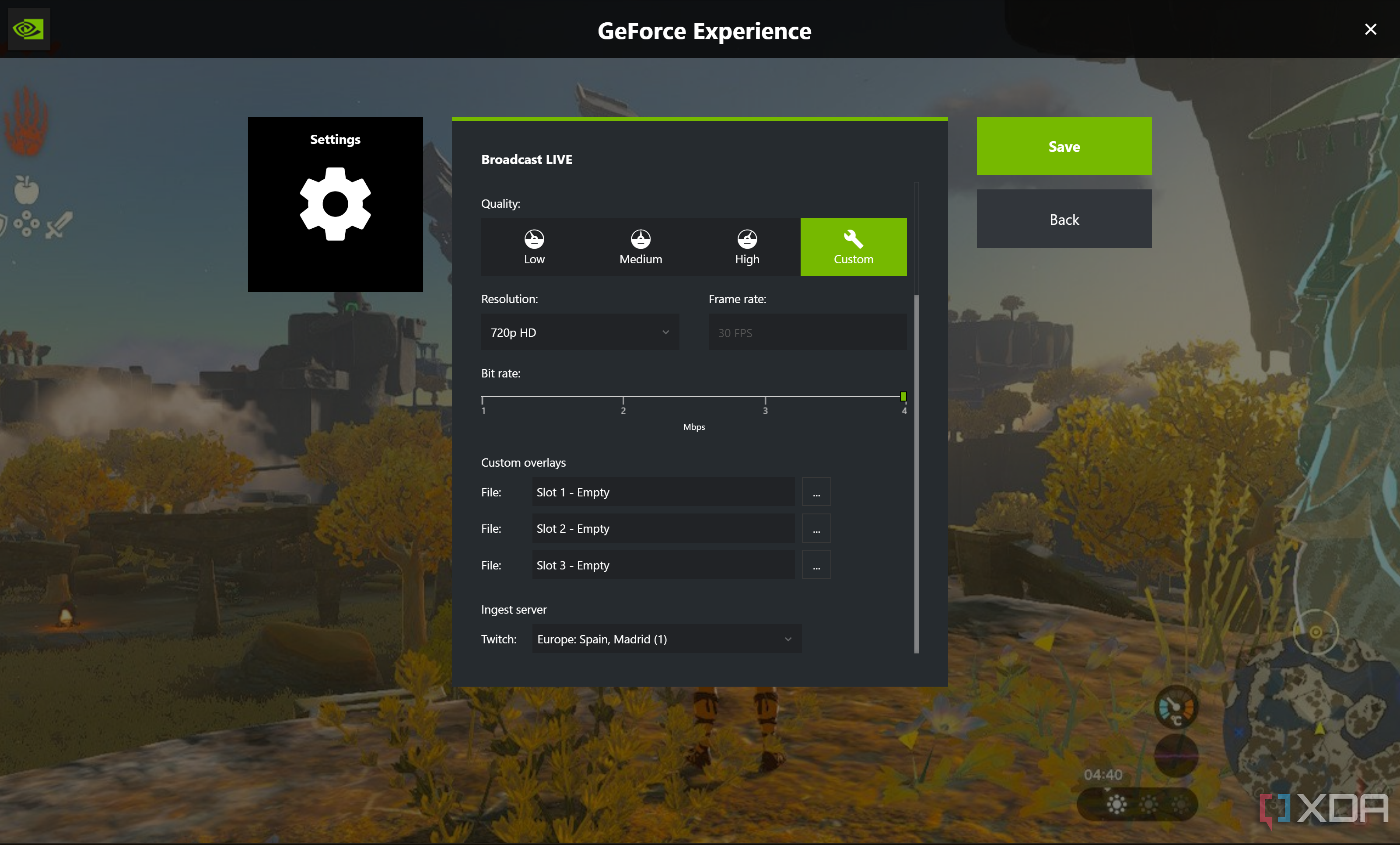 Captura de pantalla de la superposición de Nvidia que muestra la configuración de transmisión, incluidas las opciones de calidad y las superposiciones personalizadas para la transmisión en vivo