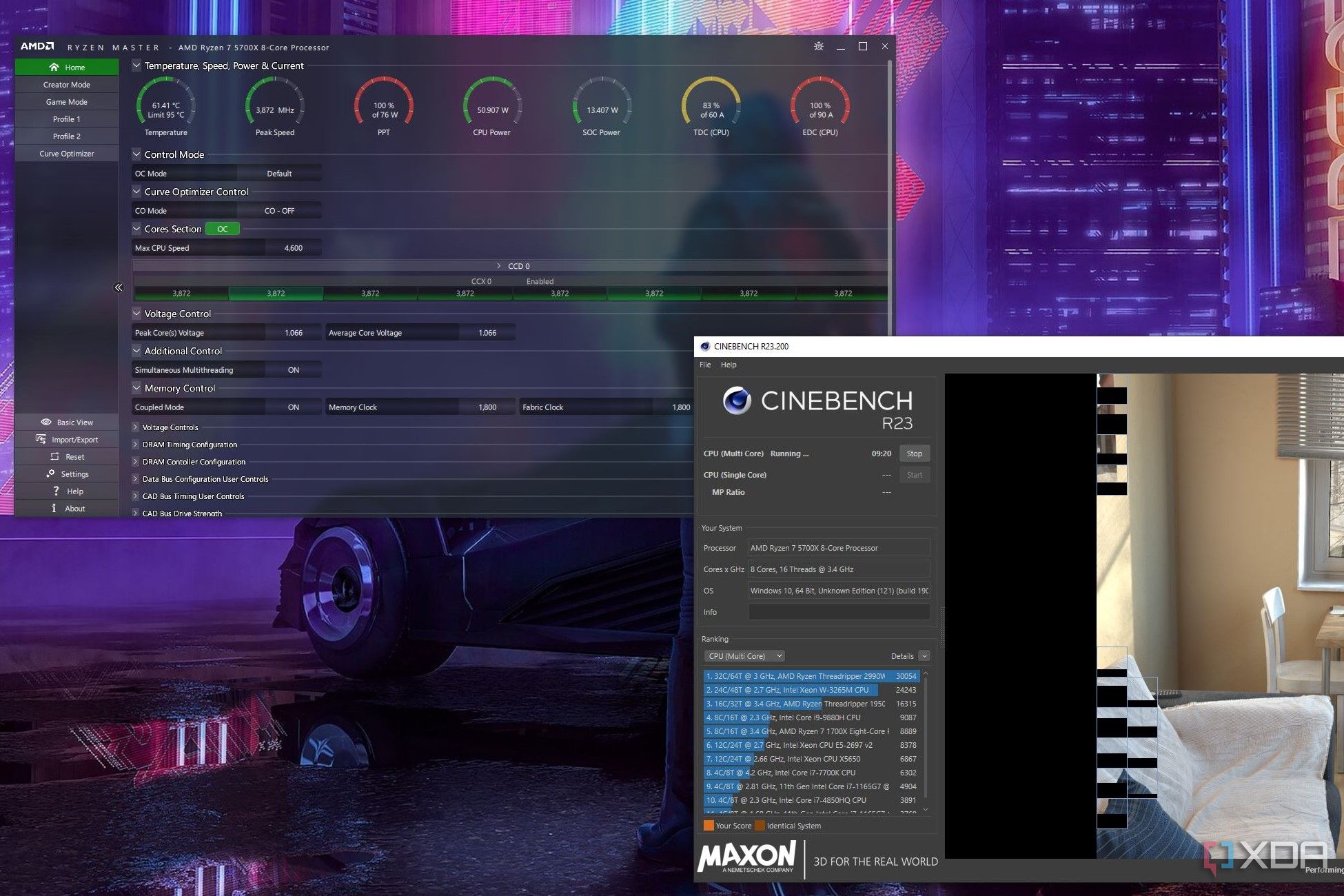 Desktop screen with Ryzen Master and Cinebench R23 running 