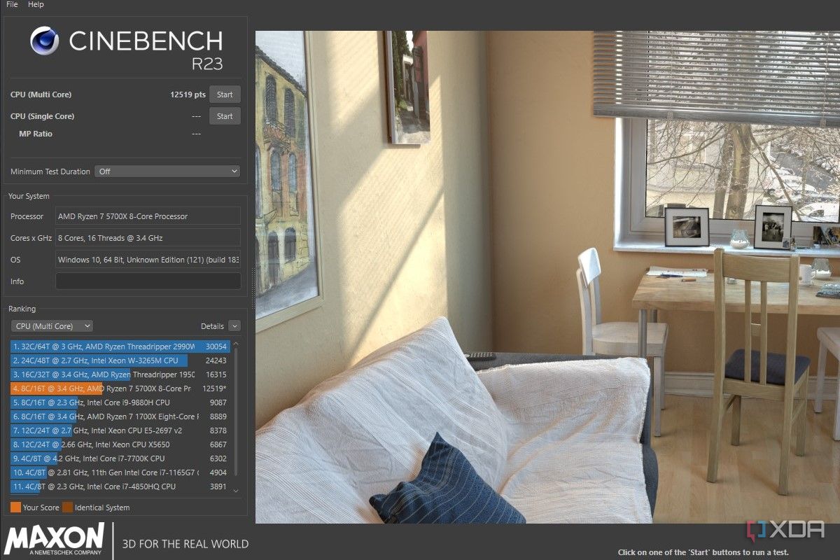 Pantalla de evaluación comparativa Cinebench R23 para Ryzen 7 5700X