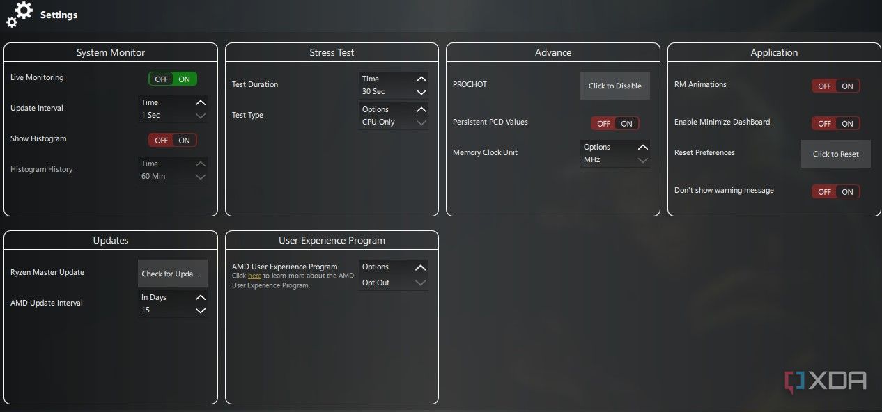 Settings screen in Ryzen Master