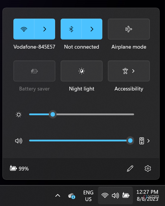 Screenshot of the Windows 11 Quick Actions panel