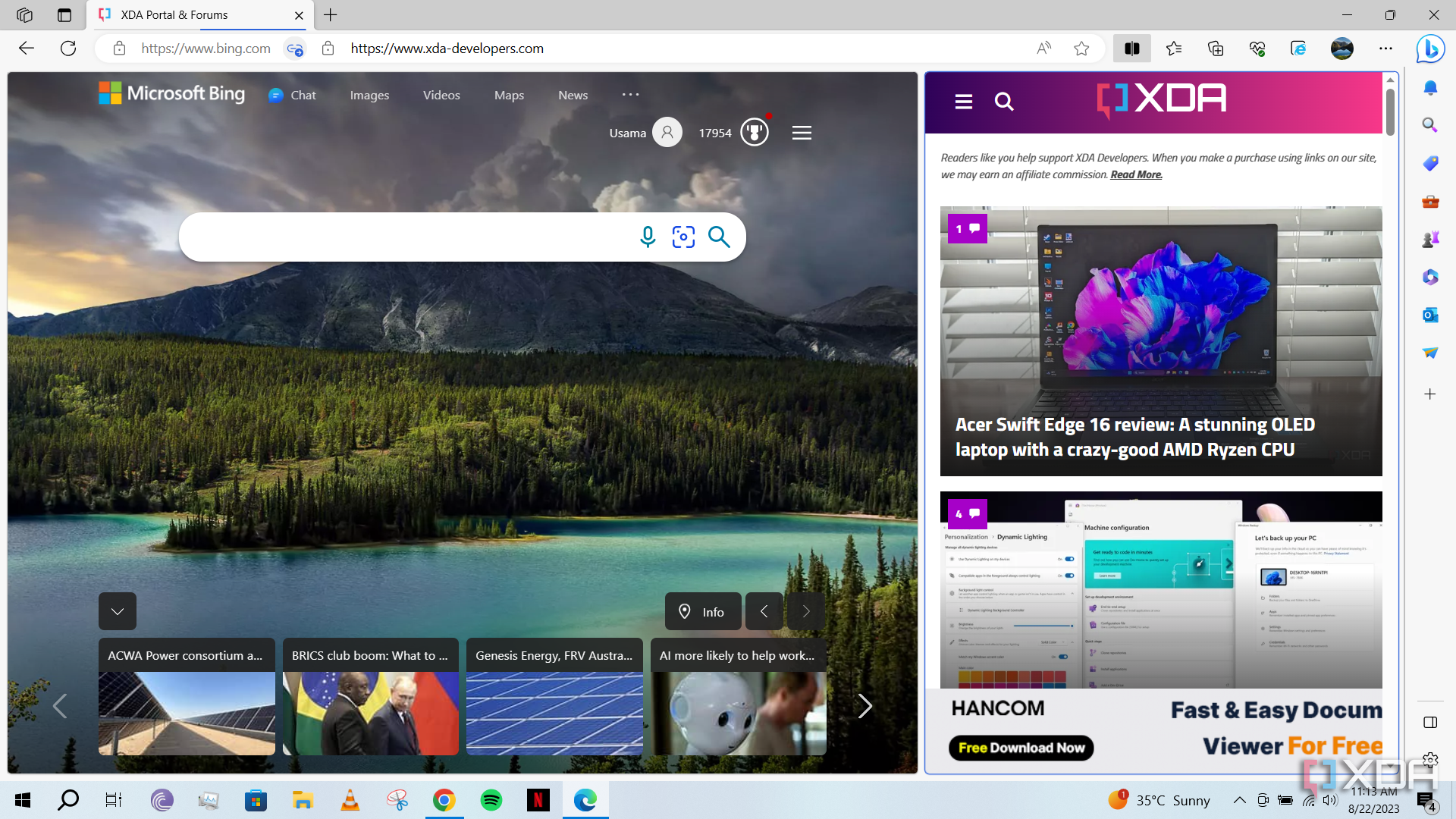 Microsoft Edge open in Split screen view