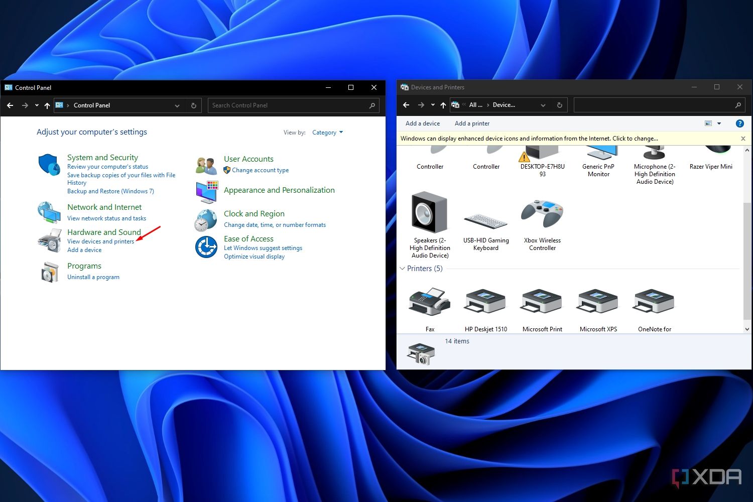 Captura de pantalla de Windows que muestra el panel de control y los menús de dispositivos e impresoras.