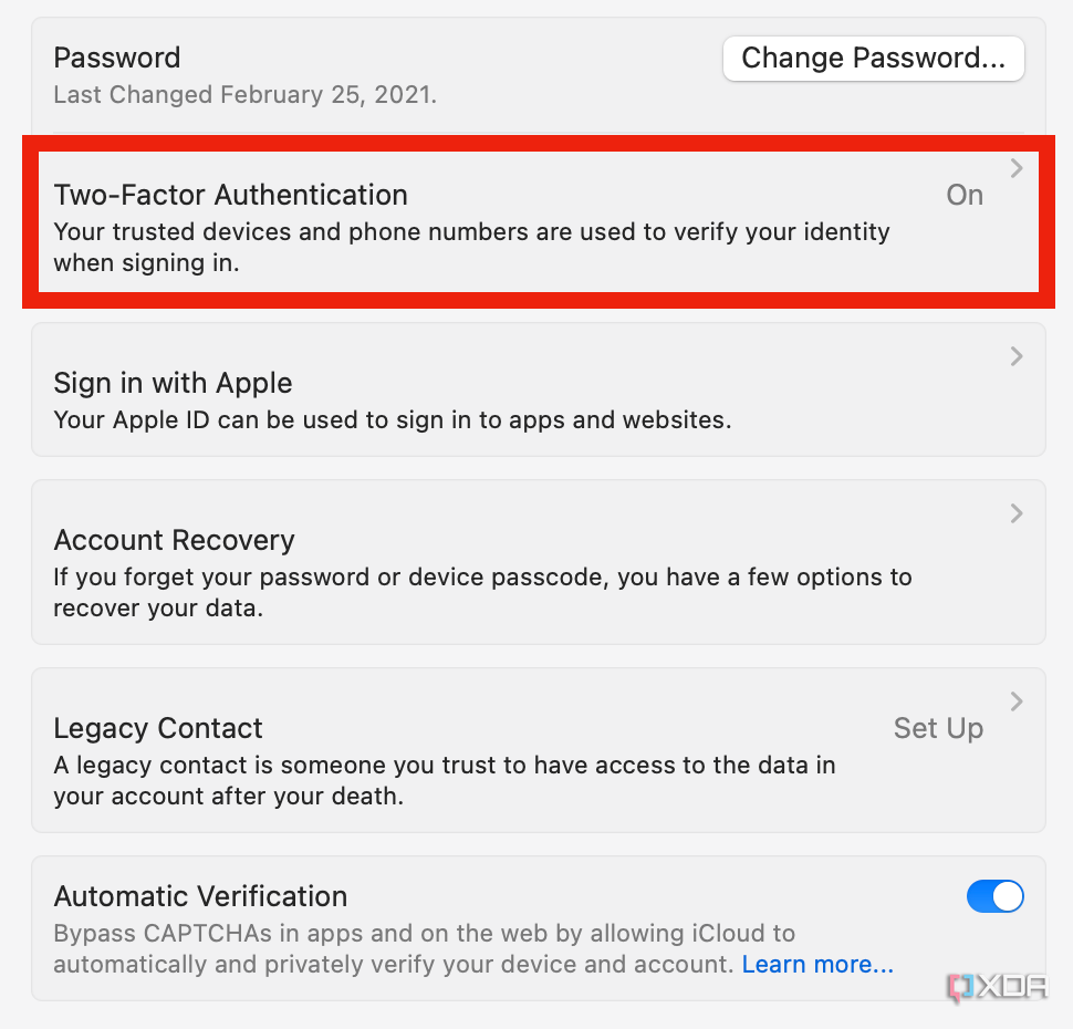 The two-factor authentication settings in System Settings.