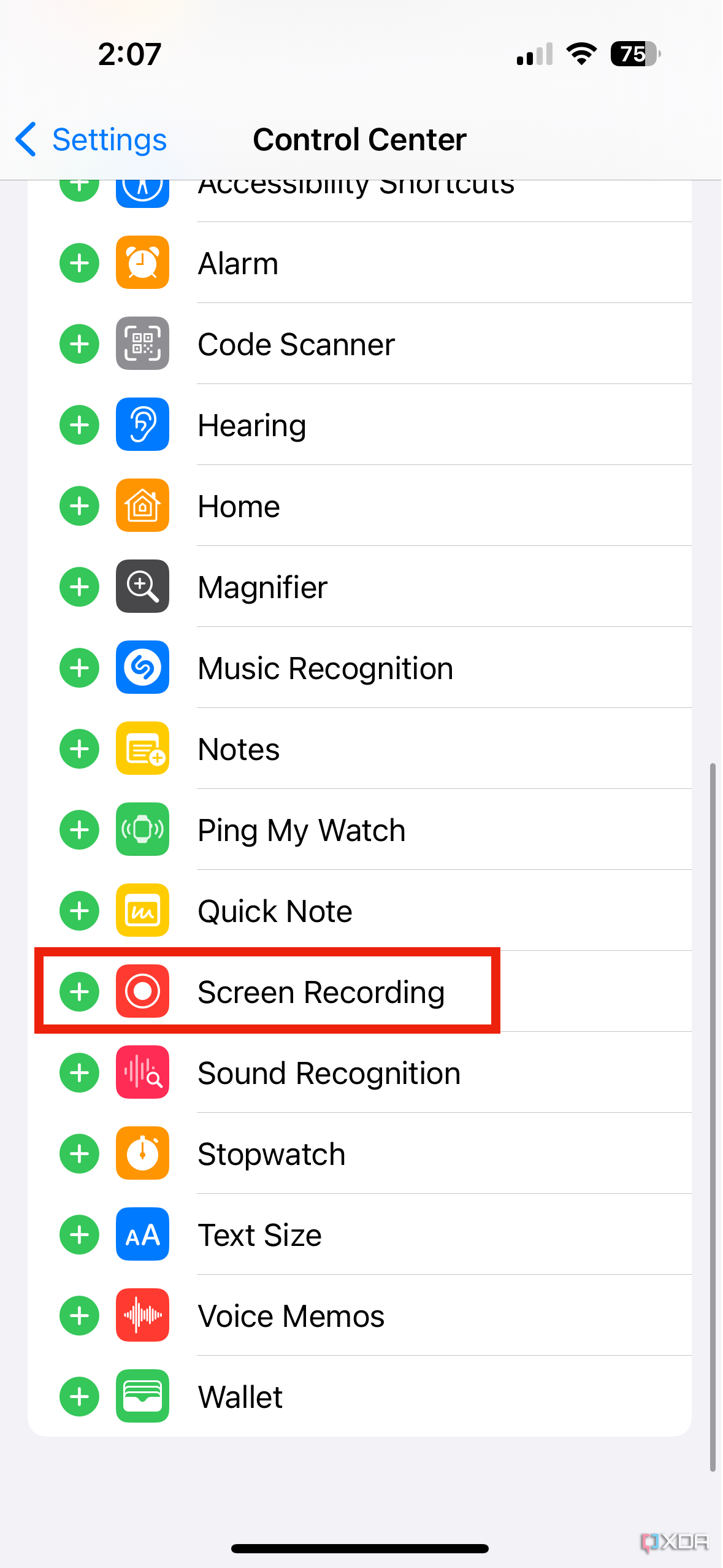 The screen recording toggle in the Settings app for Control Center.