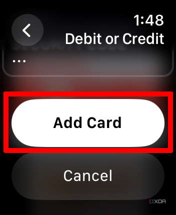 Add Card highlighted in Apple Wallet app on Apple Watch.