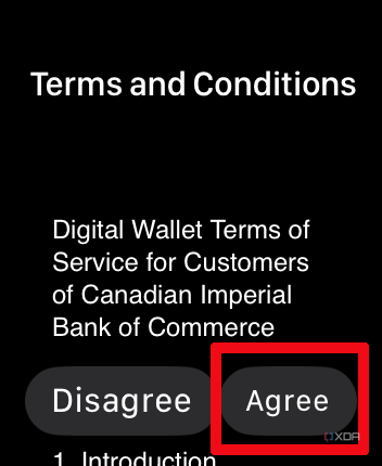 Terms and Conditions in Apple Wallet app on Apple Watch with Agree highlighted.