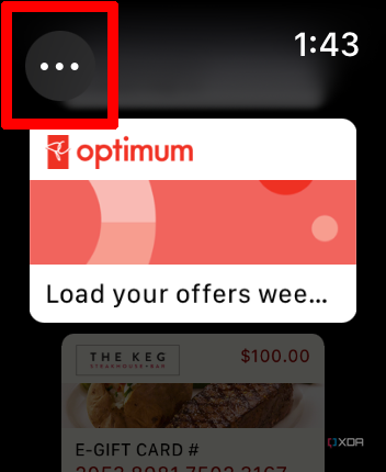A loyalty card showing in Apple Wallet, the three dots at the top selected.