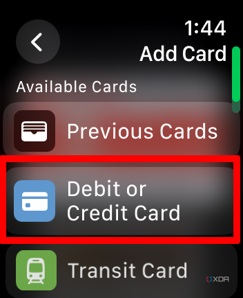 Add Card options in Apple Wallet on Apple Watch with Debit or Credit Card highlighted.