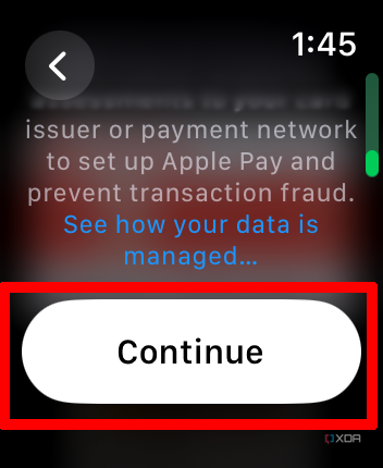 Continue option selected when adding a card to Apple Wallet on Apple Watch.