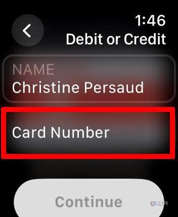Debit or Credit card add page on Apple Wallet on Apple Watch with Card Number highlighted.