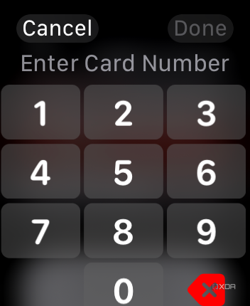 A numeric keypad open on Apple Watch.