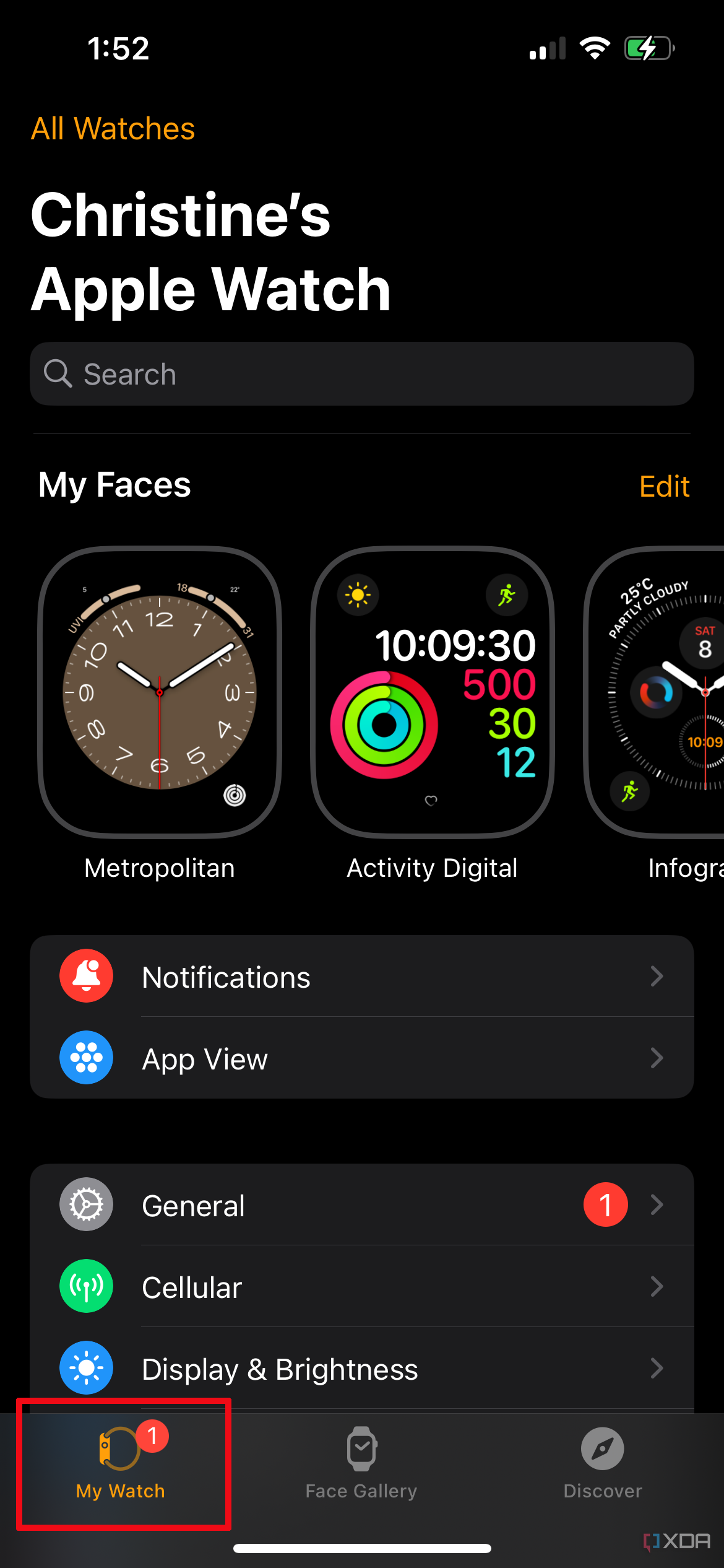 Apple Watch app homepage on iPhone with My Watch selected.