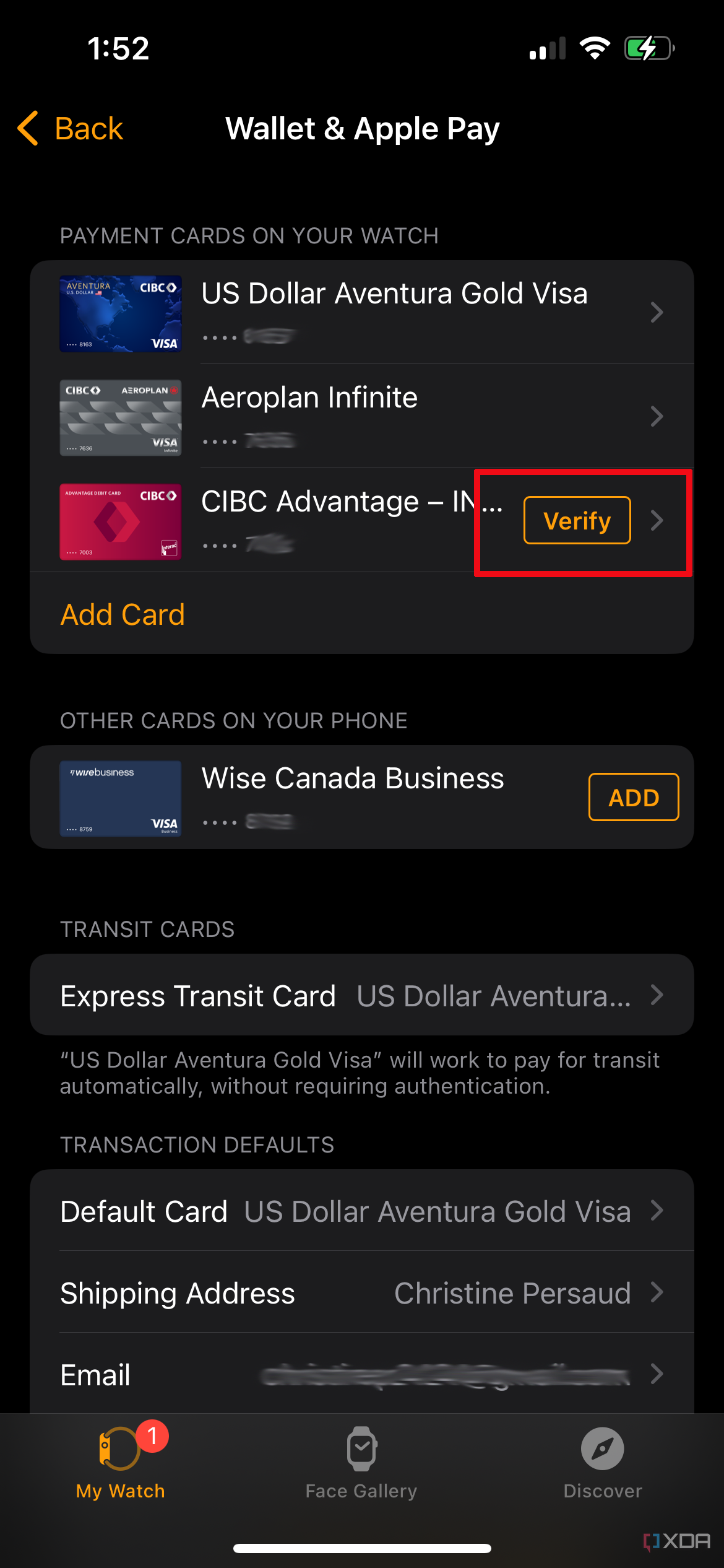 Apple Pay page in Apple Watch app with Verify highlighted for a new card