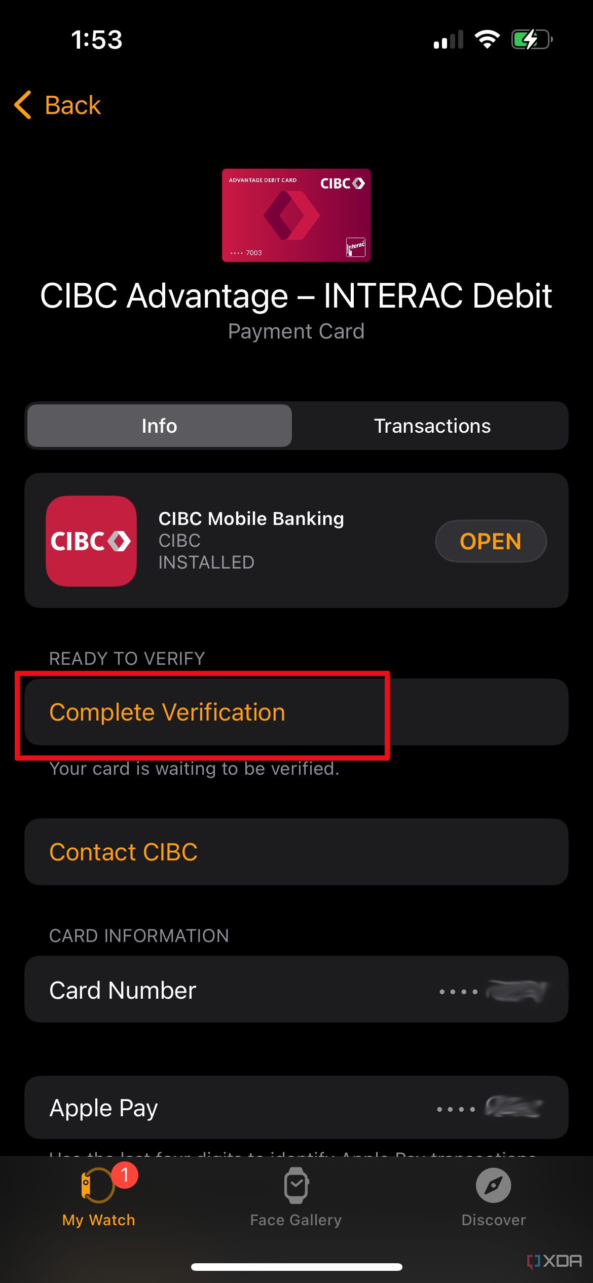 New card page in Apple Watch app showing Compete Verification highlighted