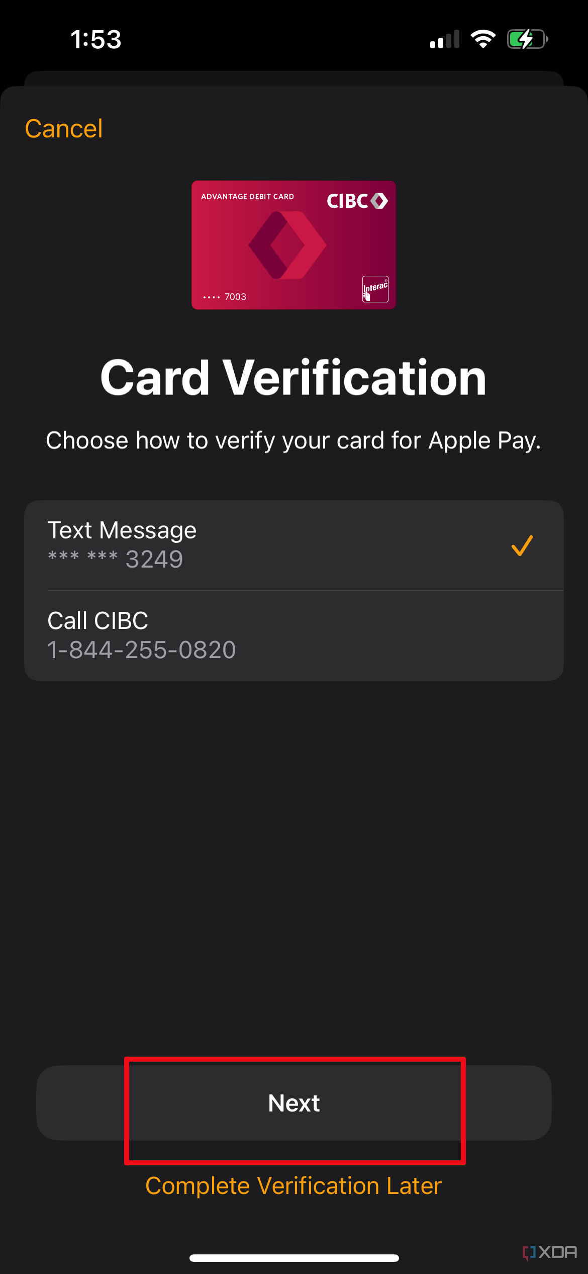 Card Verification options in Apple Watch ap showing text message or bank and Next highlighted
