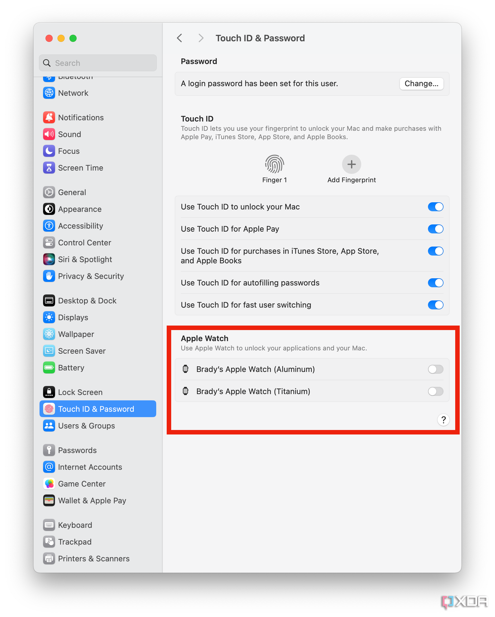 Apple Watch unlock settings in macOS Sonoma.