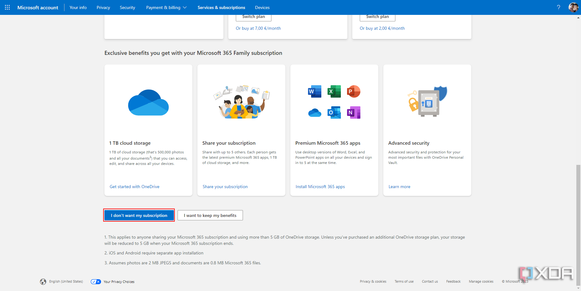 Screenshot of the Microsoft 365 cancellation page with the confirmation button highlighted