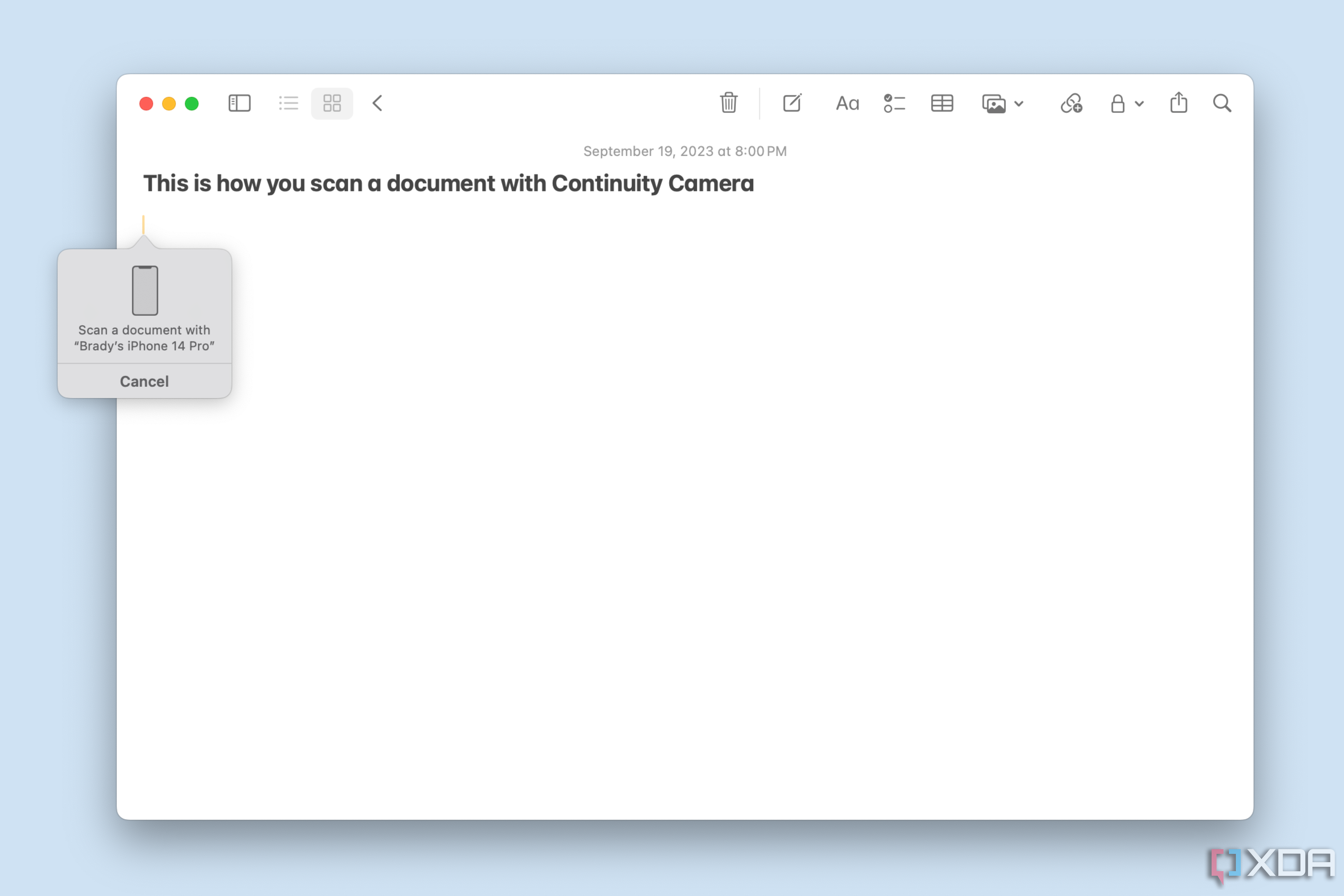 A screenshot mockup showing the process for scanning a document with Continuity Camera.