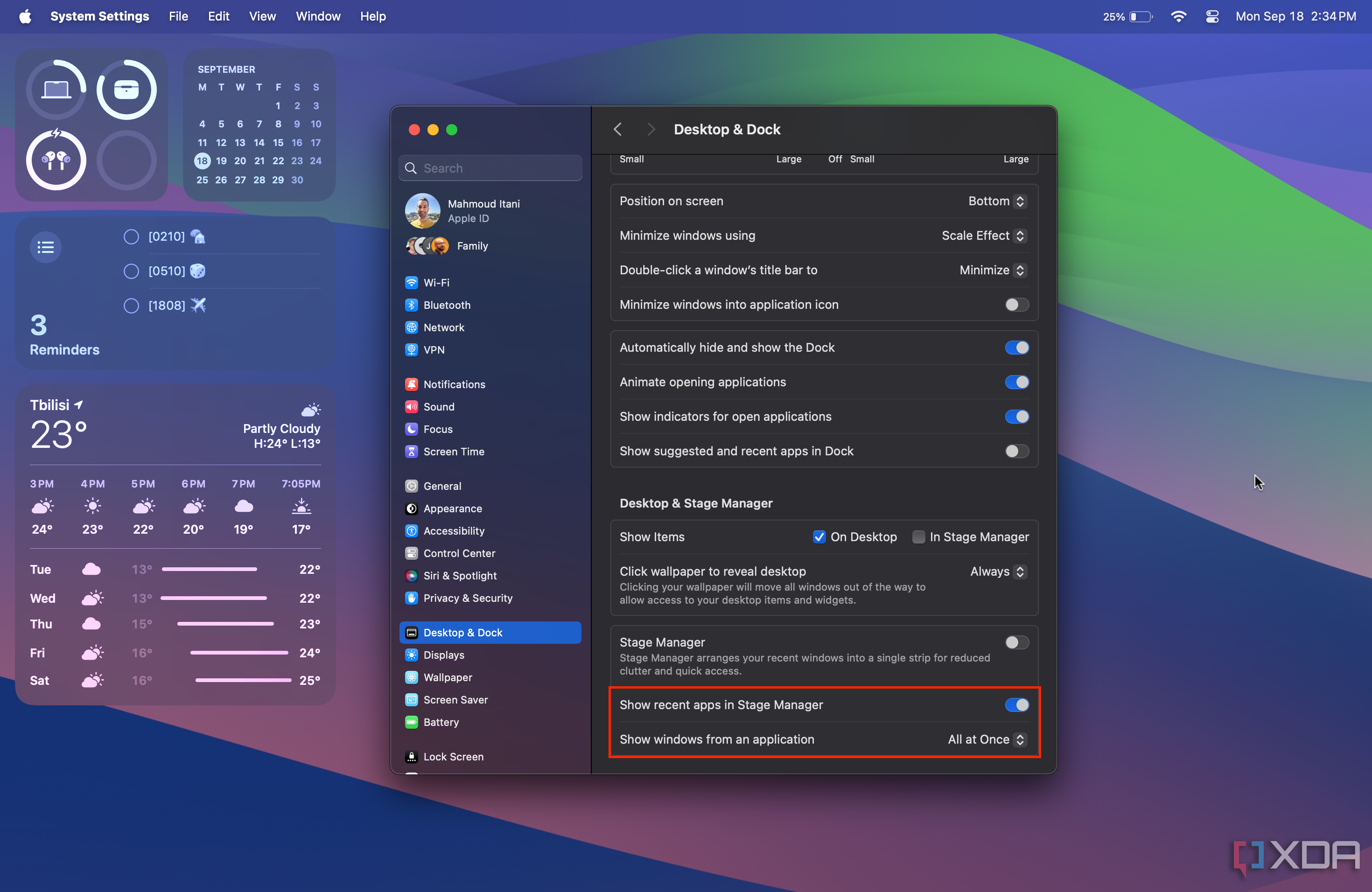 Desktop & Dock options settings screen.